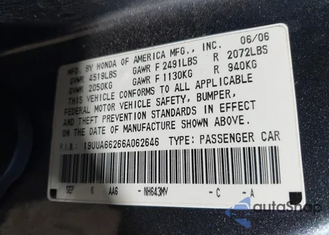 2006 Acura Tl from USA, damaged, VIN 19UUA66266A062646